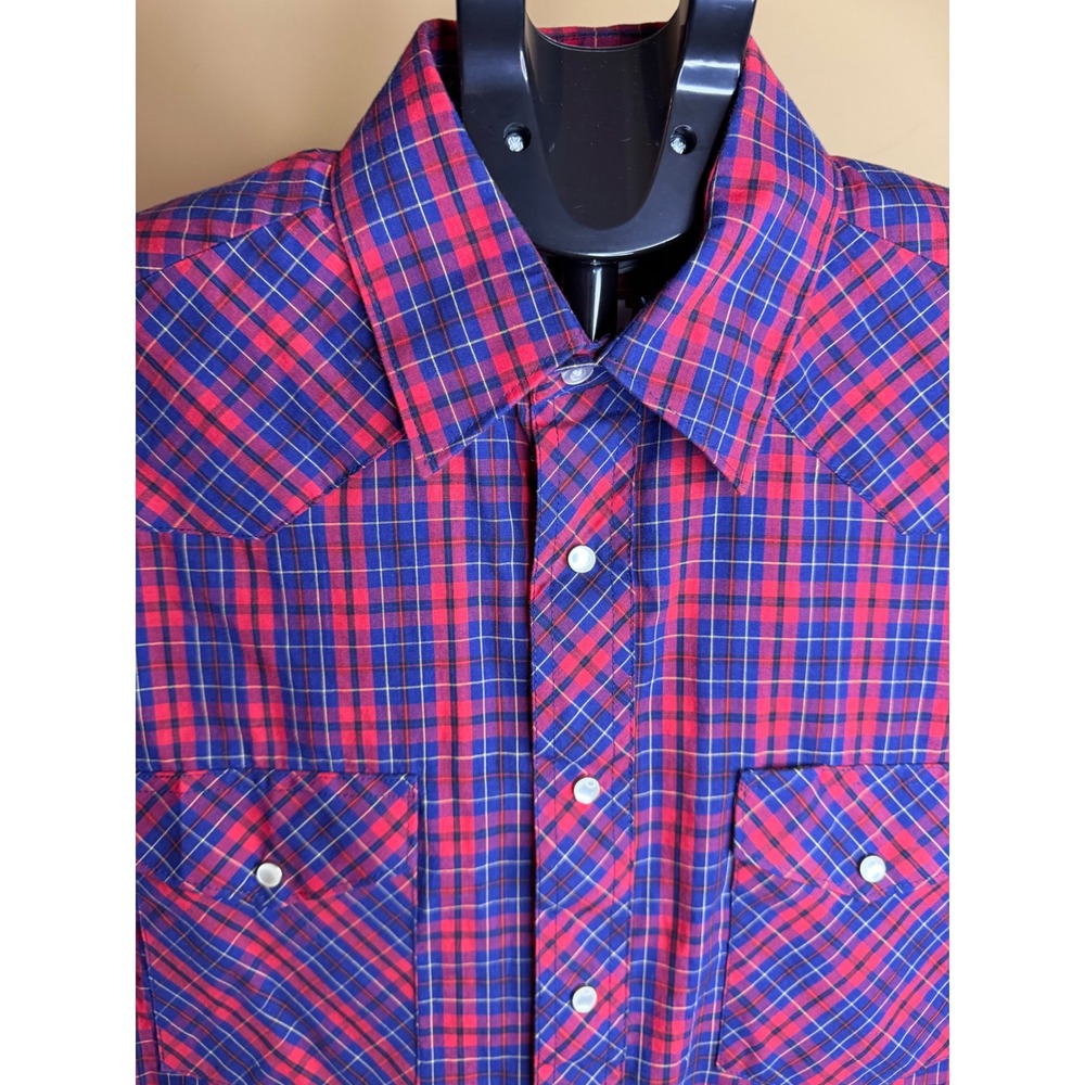 Mens Red Blue Plaid Short Sleeve Western Snap Shirt Pearl Snap Yoke Medium